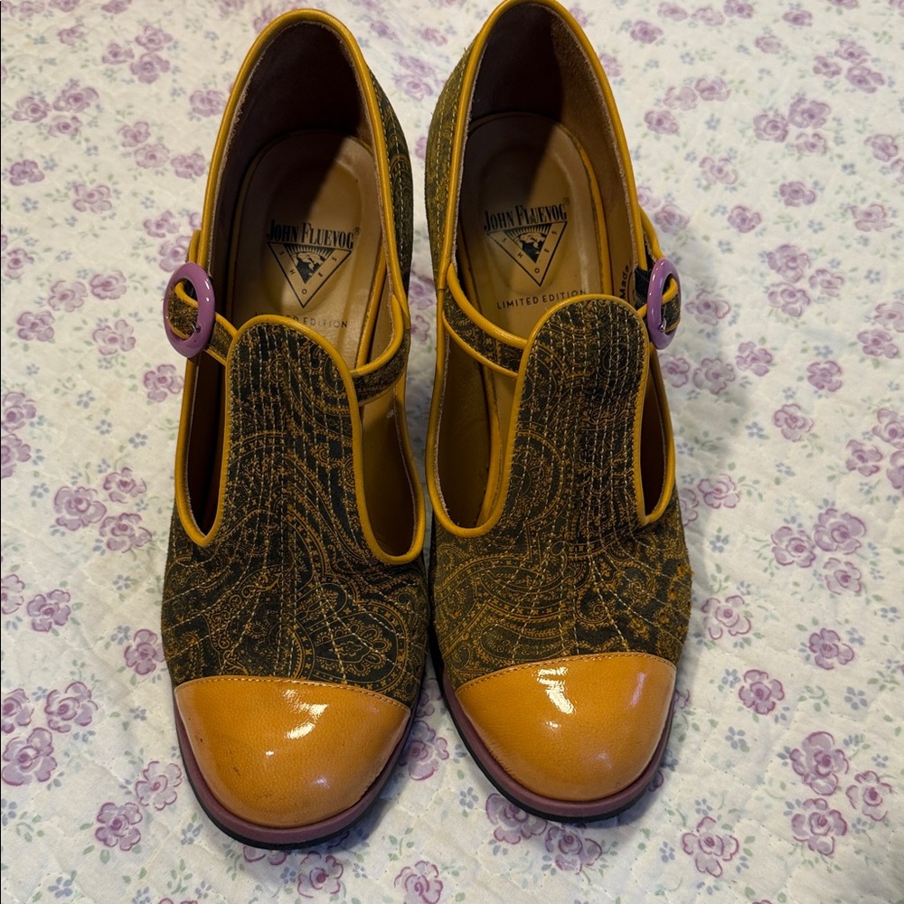 John Fluevog Mustard & Purple Mary Jane Heels